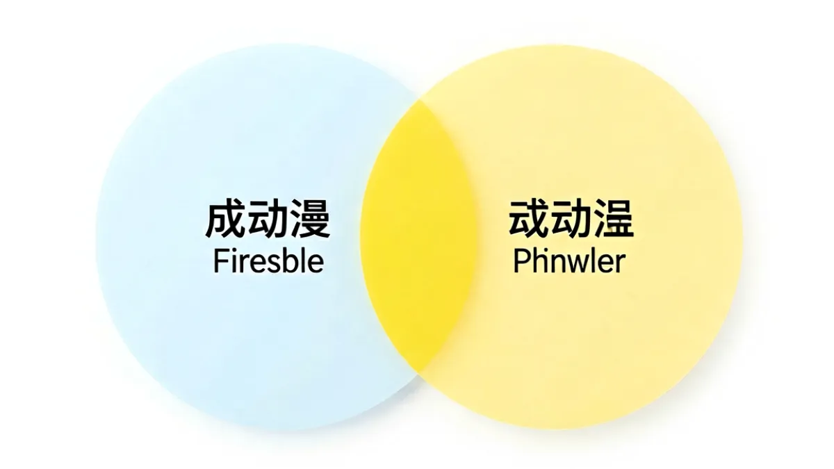 展示成人动漫与黄色动漫分类关系的概念示意图，用韦恩图形式呈现两者异同