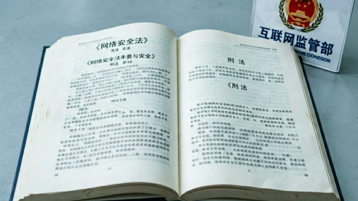 黄色动漫法律边界示意图，展示中国互联网内容监管相关法规文本与执法部门标志的组合排版