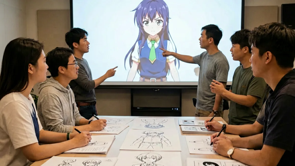 黄色动漫新番发布现场，制作团队在发布会上展示新角色设定草稿与分镜样张
