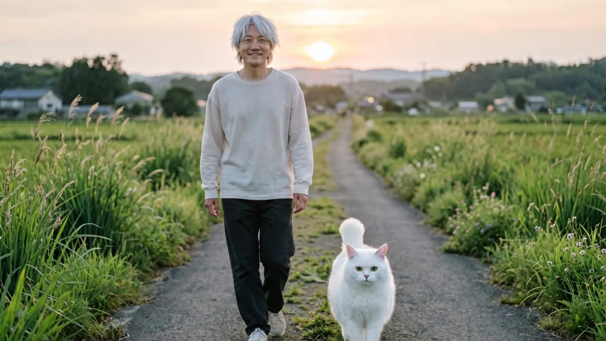 黄色动漫推荐作品夏目友人帐场景，少年与猫咪老师在乡间小路上并肩而行